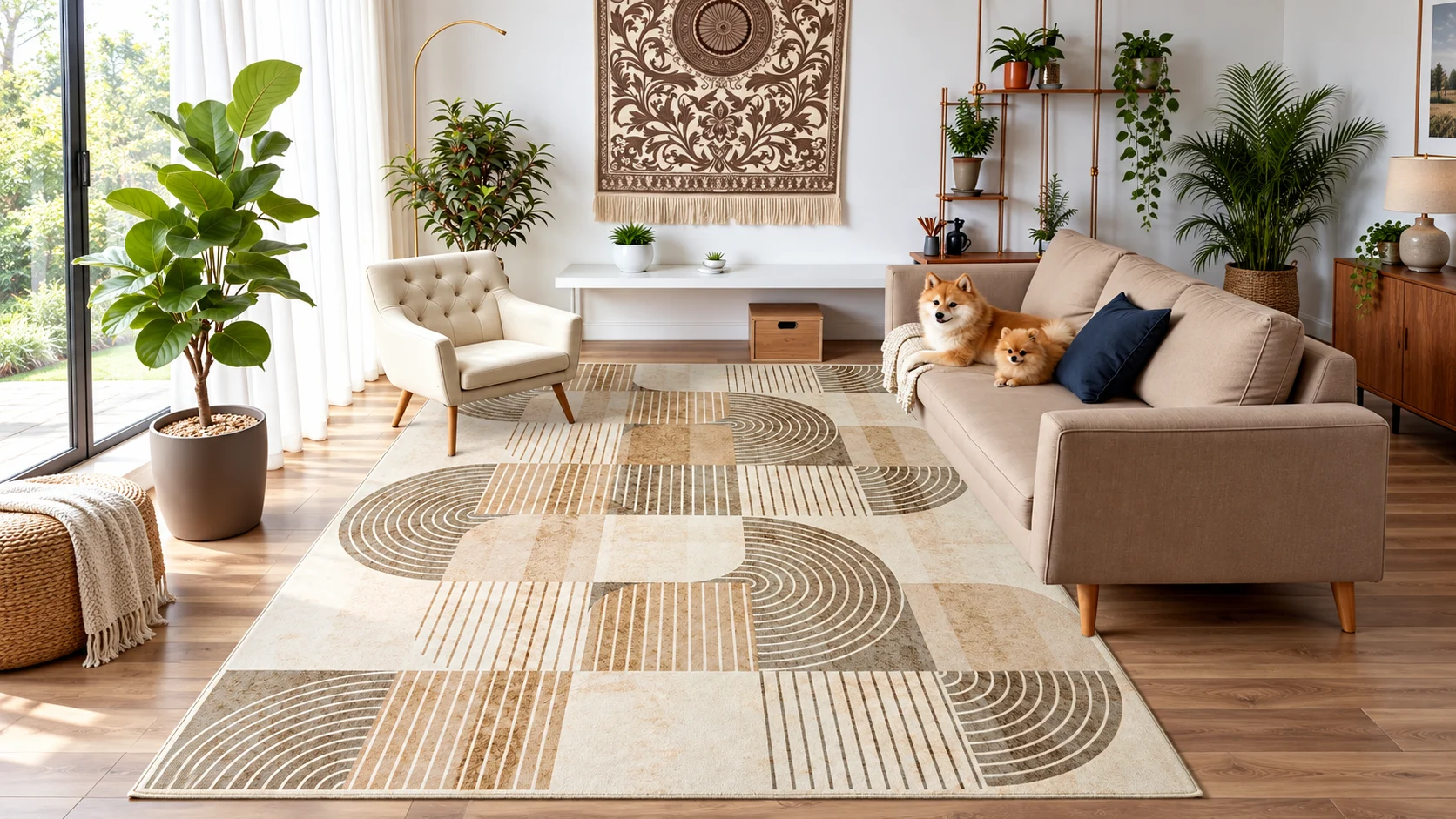 Beige geometric rug with curved patterns beside a cream armchair and a sofa with two dogs